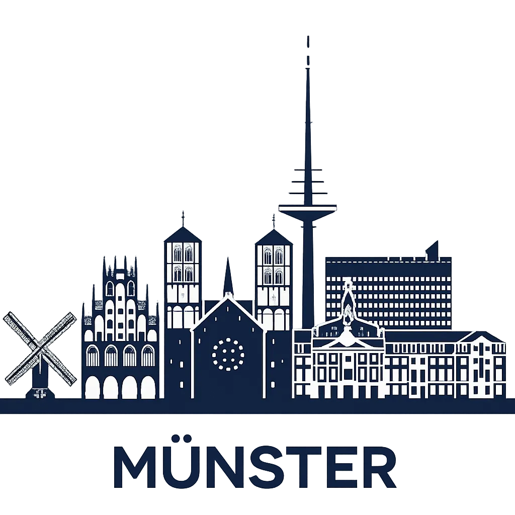 Stilisierte Münster-Skyline mit Wahrzeichen wie Mühle, Lambertikirche, Dom, Schloss und Fernsehturm